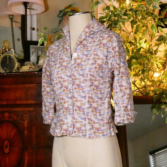 Vivien of Holloway 1950's Style Brown Watercolor Print Raglan Blouse Sz 10 - Picture 1 of 12